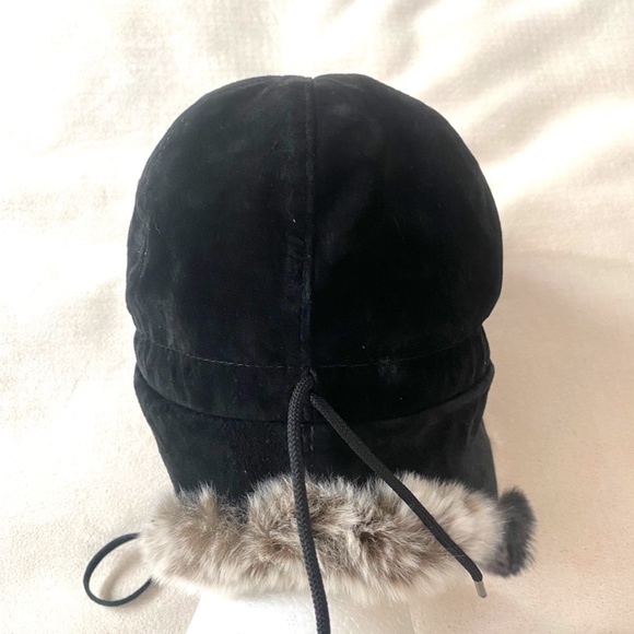 ALMAR, Canada, Suede leather trapper hat with rabbit fur, black,  grey size M - Picture 3 of 5